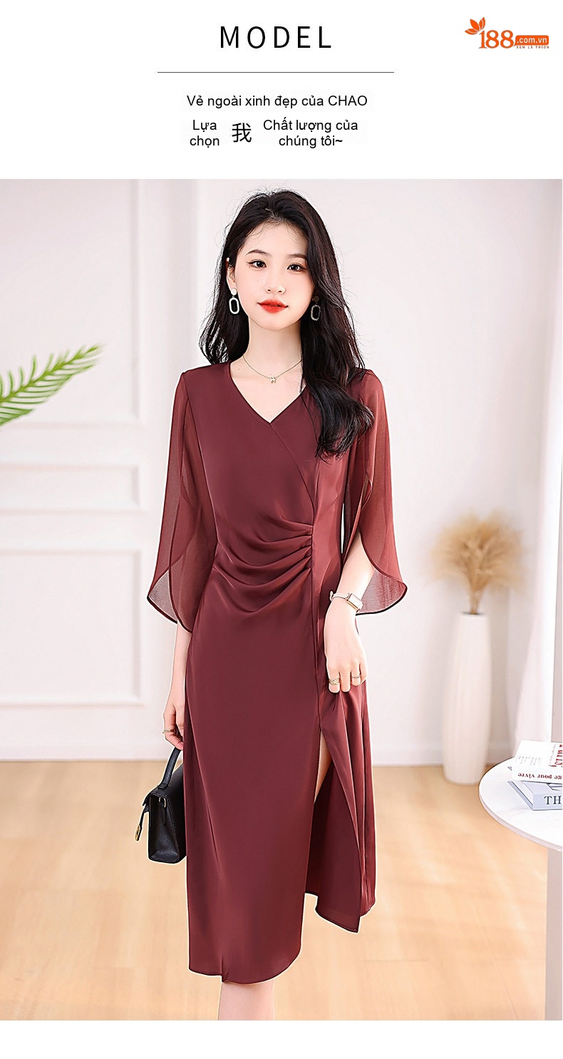 Váy liền thân Nữ Dáng Midi Thiết Kế Xẻ Tà Tay Lỡ Tôn Dáng Màu Đỏ Rượu, Xanh Navy, Đen chi tiết 11