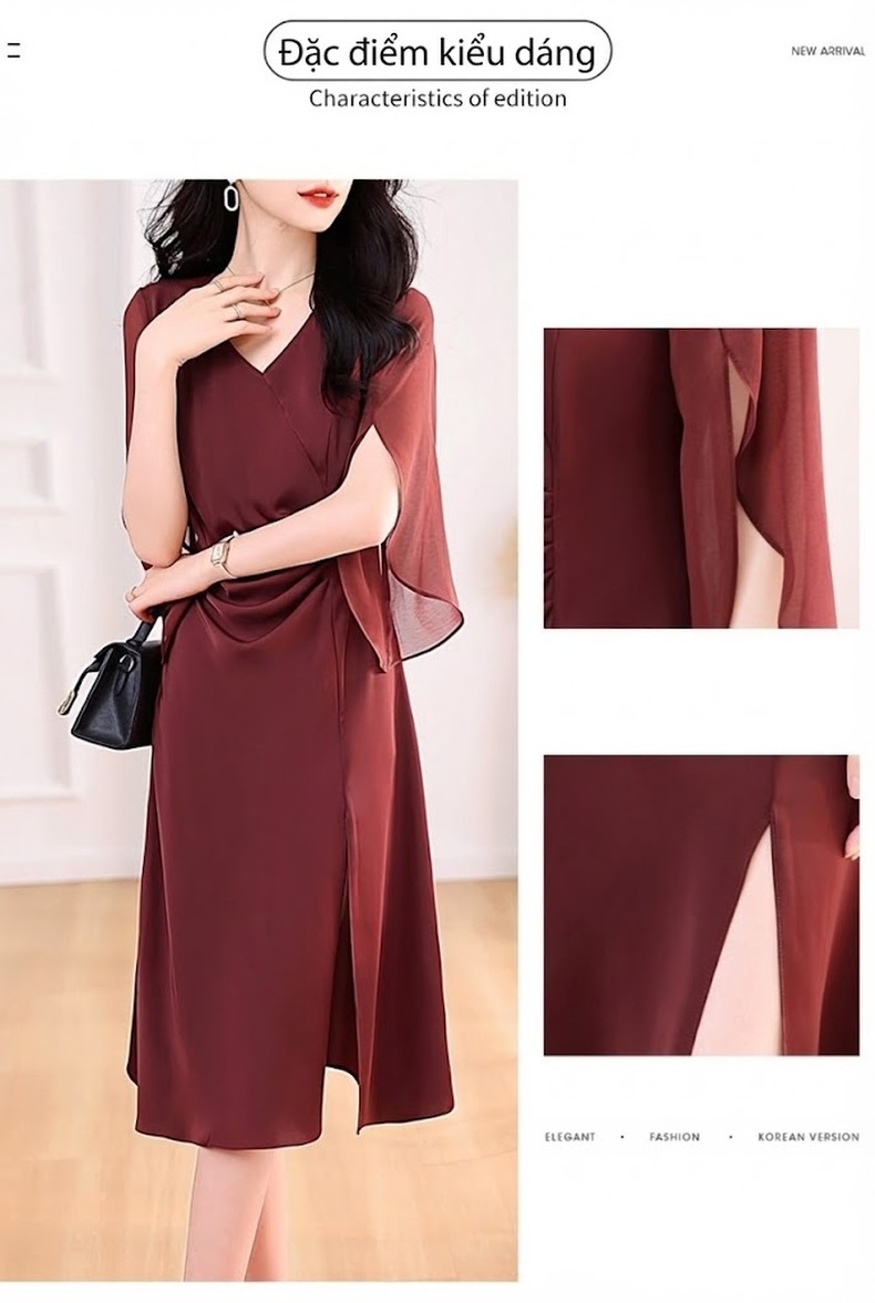 Váy liền thân Nữ Dáng Midi Thiết Kế Xẻ Tà Tay Lỡ Tôn Dáng Màu Đỏ Rượu, Xanh Navy, Đen chi tiết 3