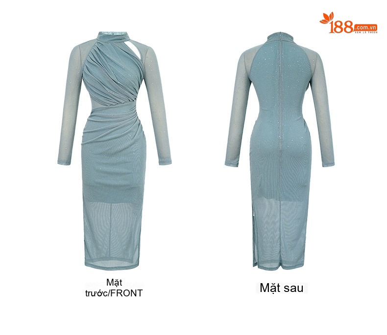 Váy liền thân Nữ Dáng Ôm Bodycon Hở Vai Tay Dài Voan Lưới Xếp Ly Màu Xám chi tiết 4