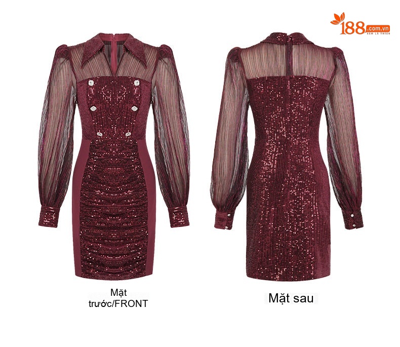 Váy liền thân Nữ Dáng Ôm Cổ Polo Tay Dài Chất Liệu Lấp Lánh Màu Đỏ Rượu chi tiết 4