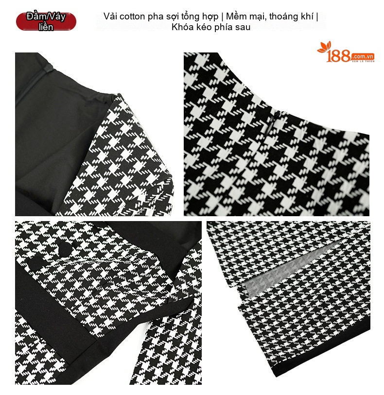 Váy liền thân Nữ Dáng Ôm Họa Tiết Houndstooth Cổ chữ Vuông Tay Dài Phong Cách Retro Màu Đen Trắng chi tiết 3
