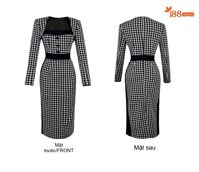Váy liền thân Nữ Dáng Ôm Họa Tiết Houndstooth Cổ chữ Vuông Tay Dài Phong Cách Retro Màu Đen Trắng chi tiết 4