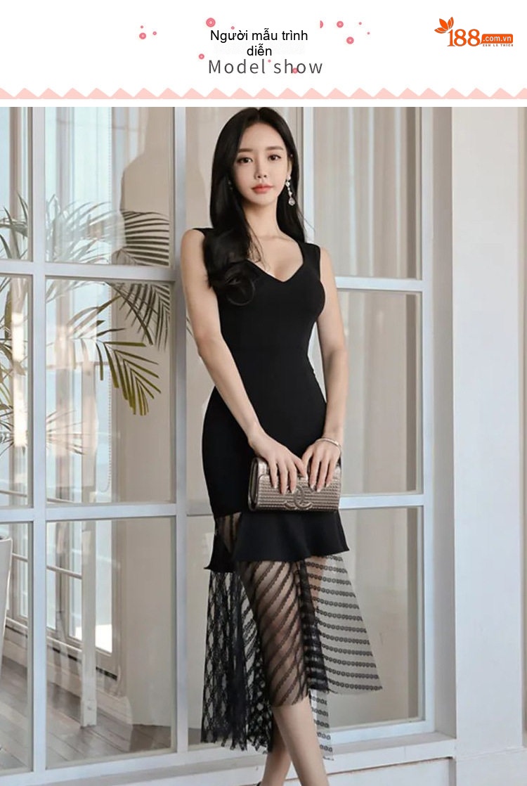 Váy liền thân Nữ Dáng Ôm Kiểu Hàn Quốc Thiết Kế Bất Đối Xứng Màu Đen chi tiết 1