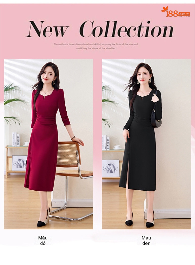 Váy liền thân Nữ Dáng Ôm Xẻ Tà Cổ chữ V Thanh Lịch Tay Dài Màu Đỏ Rượu, Đen chi tiết 9