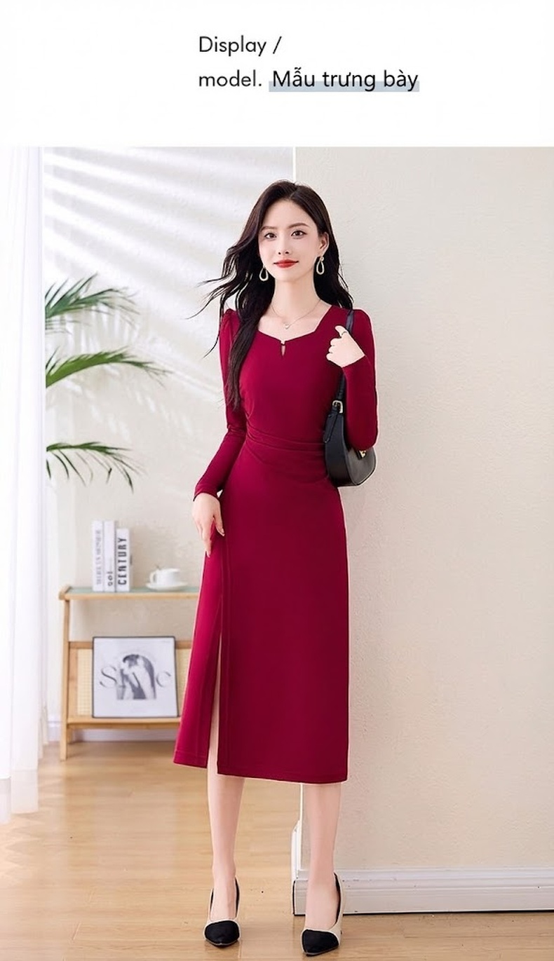 Váy liền thân Nữ Dáng Ôm Xẻ Tà Cổ chữ V Thanh Lịch Tay Dài Màu Đỏ Rượu, Đen chi tiết 11