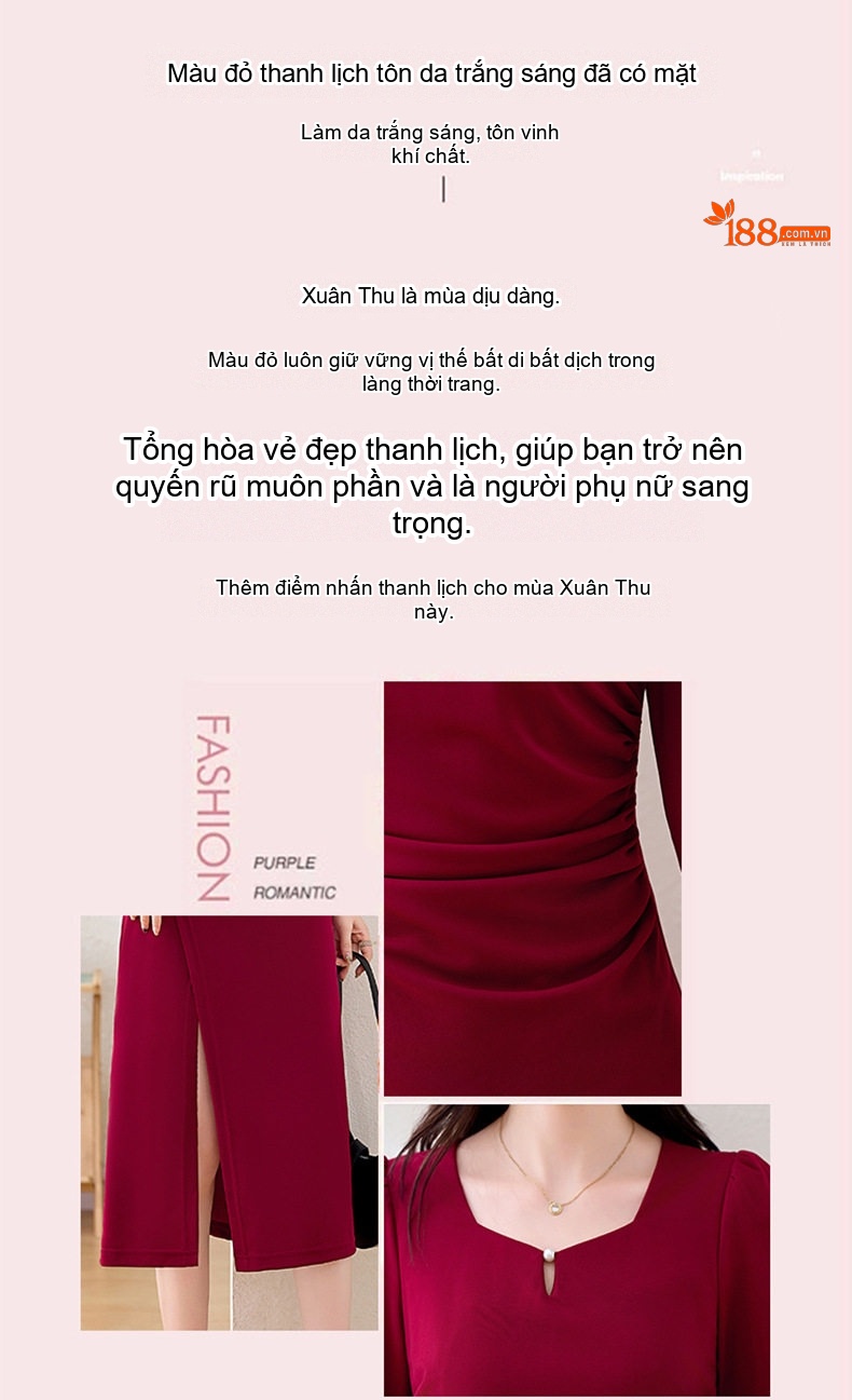 Váy liền thân Nữ Dáng Ôm Xẻ Tà Cổ chữ V Thanh Lịch Tay Dài Màu Đỏ Rượu, Đen chi tiết 2
