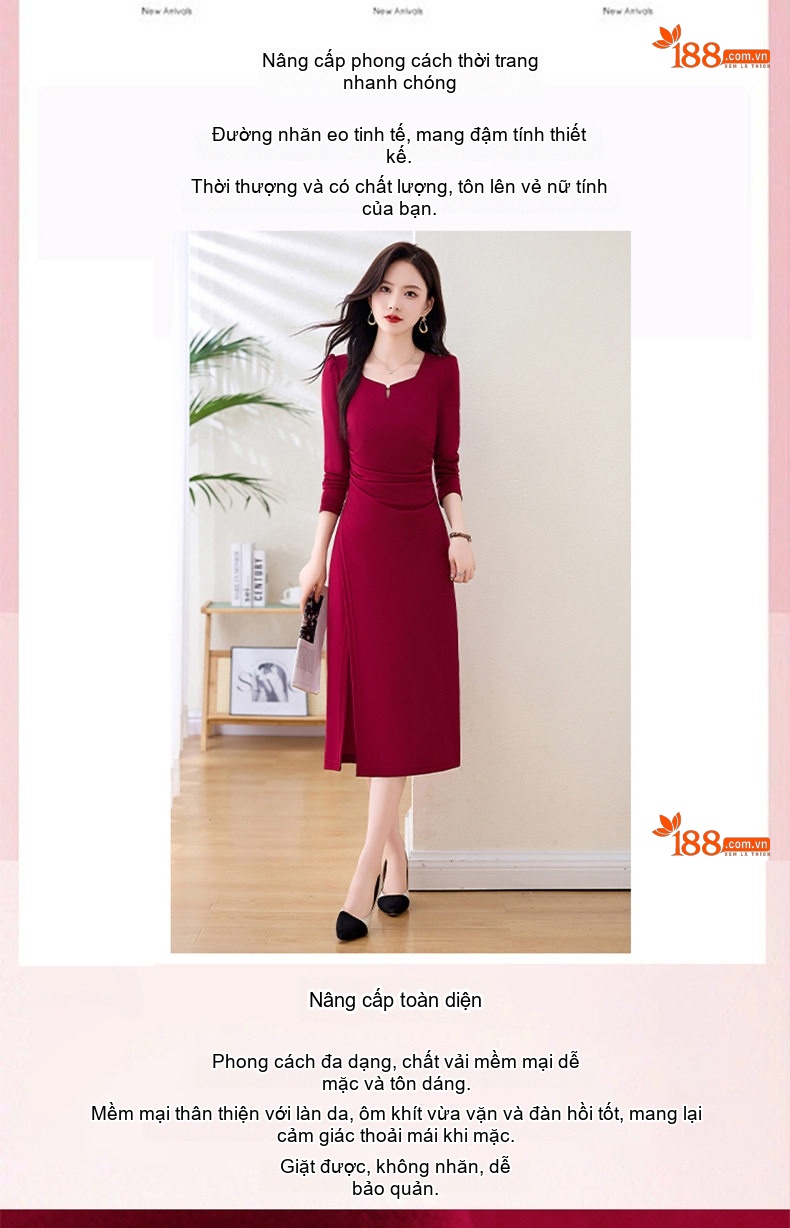 Váy liền thân Nữ Dáng Ôm Xẻ Tà Cổ chữ V Thanh Lịch Tay Dài Màu Đỏ Rượu, Đen chi tiết 6