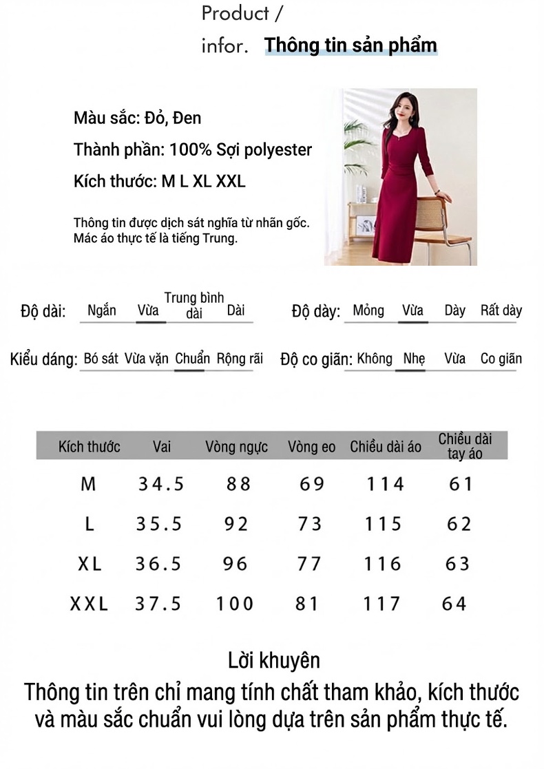 Váy liền thân Nữ Dáng Ôm Xẻ Tà Cổ chữ V Thanh Lịch Tay Dài Màu Đỏ Rượu, Đen chi tiết 10