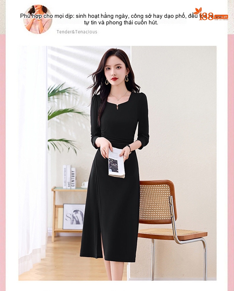 Váy liền thân Nữ Dáng Ôm Xẻ Tà Cổ chữ V Thanh Lịch Tay Dài Màu Đỏ Rượu, Đen chi tiết 5