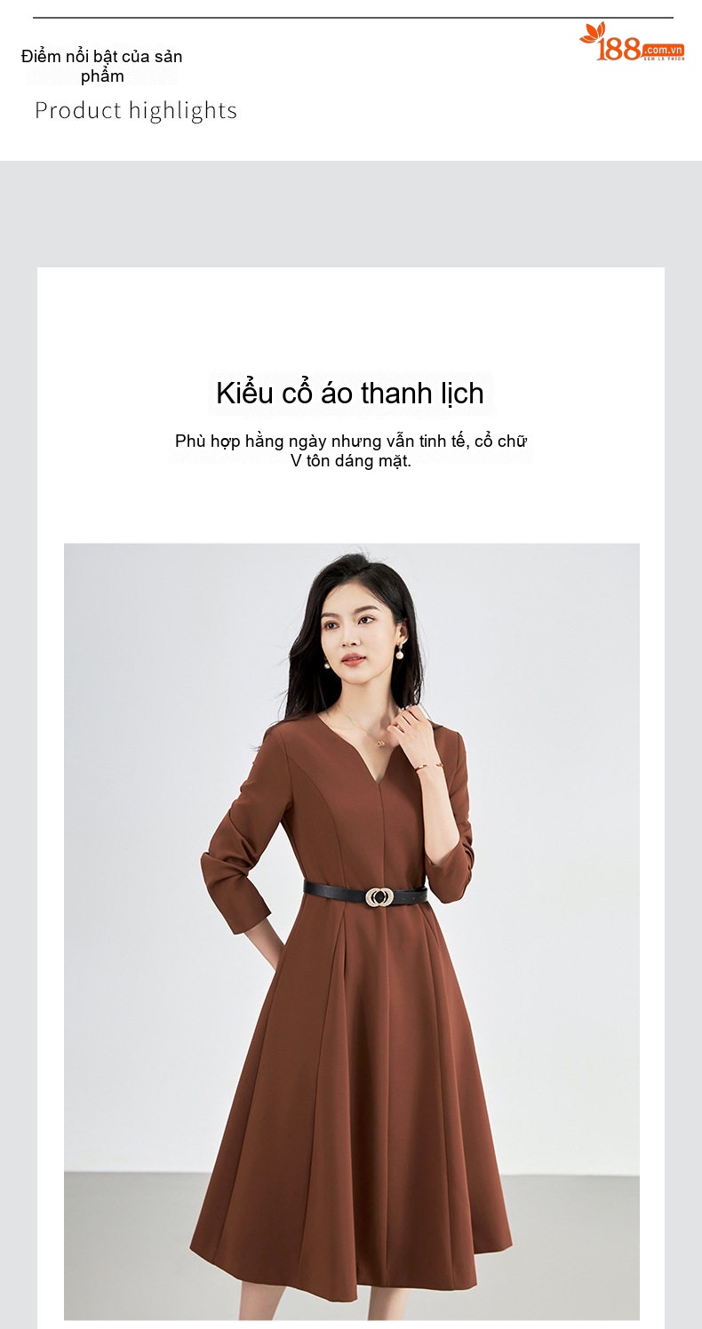 Váy liền thân Nữ Dáng Xòe Chiết Eo Phong Cách Pháp Màu Đen, Nâu chi tiết 5