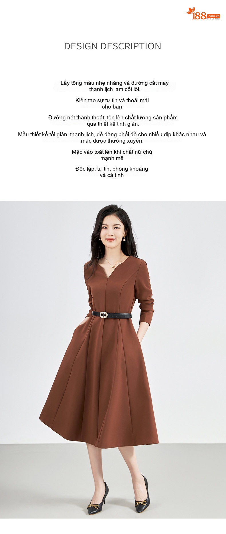 Váy liền thân Nữ Dáng Xòe Chiết Eo Phong Cách Pháp Màu Đen, Nâu chi tiết 2