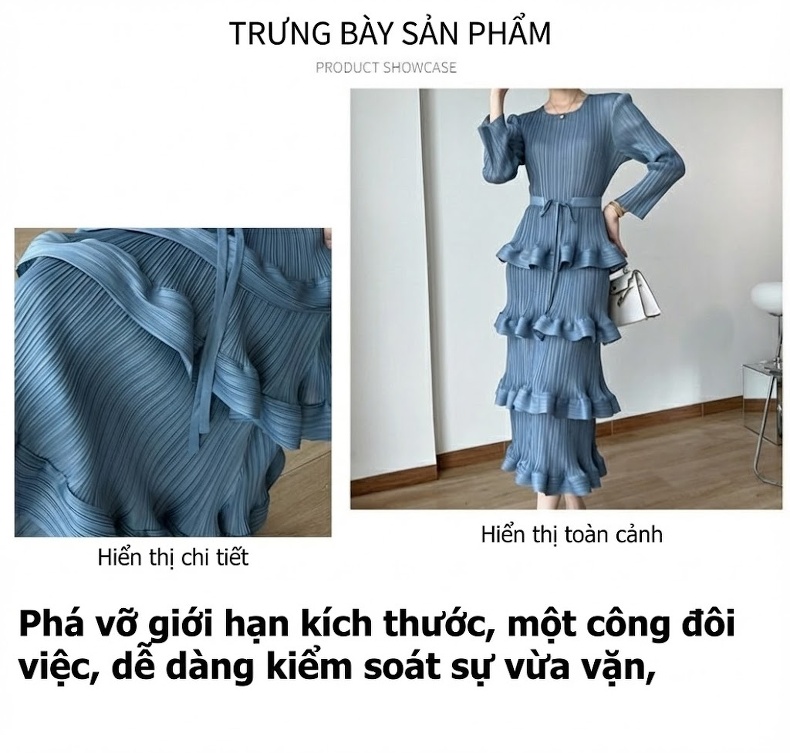 Váy liền thân Nữ Dáng Xòe Thiết Kế Bèo Nhún Cao Cấp Màu Đen, Xanh Dương, Xanh Lá, Nâu chi tiết 2