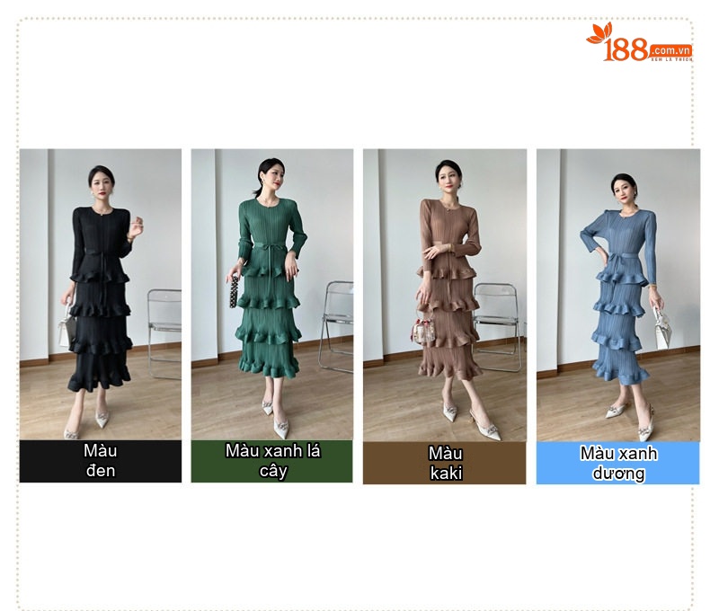 Váy liền thân Nữ Dáng Xòe Thiết Kế Bèo Nhún Cao Cấp Màu Đen, Xanh Dương, Xanh Lá, Nâu chi tiết 3