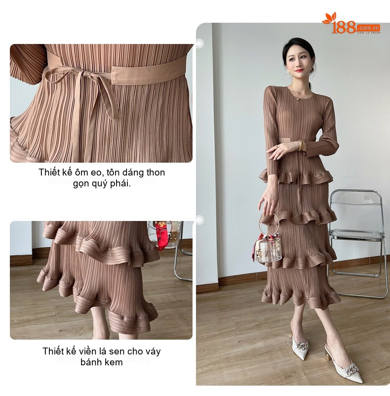 Váy liền thân Nữ Dáng Xòe Thiết Kế Bèo Nhún Cao Cấp Màu Đen, Xanh Dương, Xanh Lá, Nâu chi tiết 5