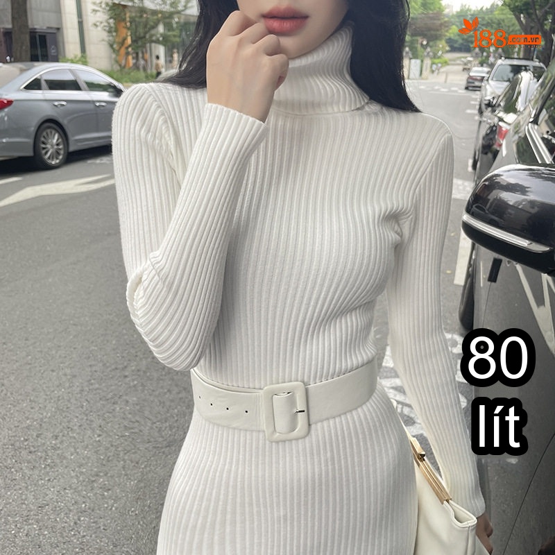 Váy liền thân Nữ Dệt Kim Cổ Lọ Ôm Dáng Kèm Thắt Lưng Màu Trắng, Đen, Nâu chi tiết 1