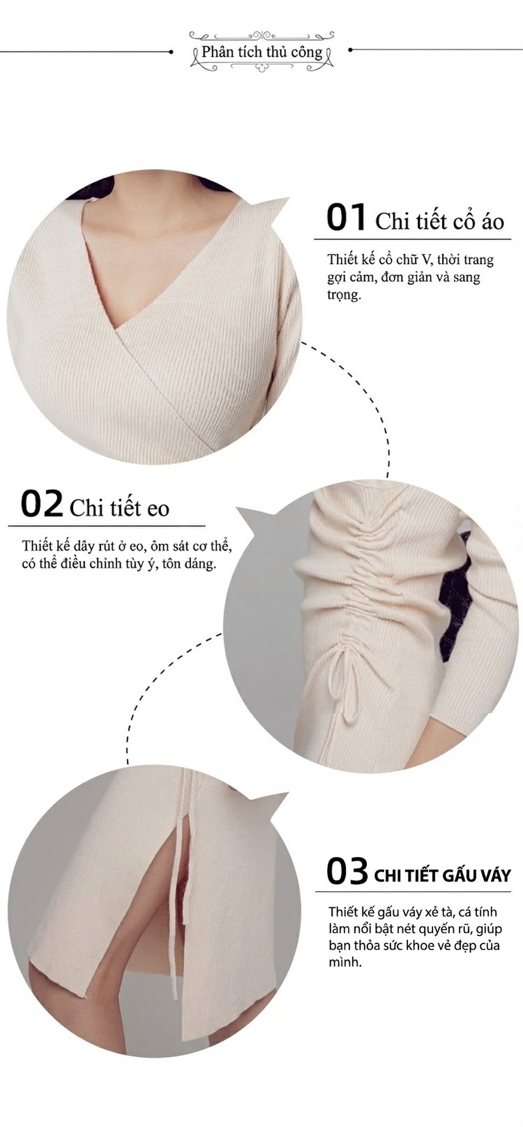 Váy liền thân Nữ Dệt Kim Ôm Dáng Cổ chữ V Tay Dài Màu Đen, Kem, Xanh Rêu chi tiết 2