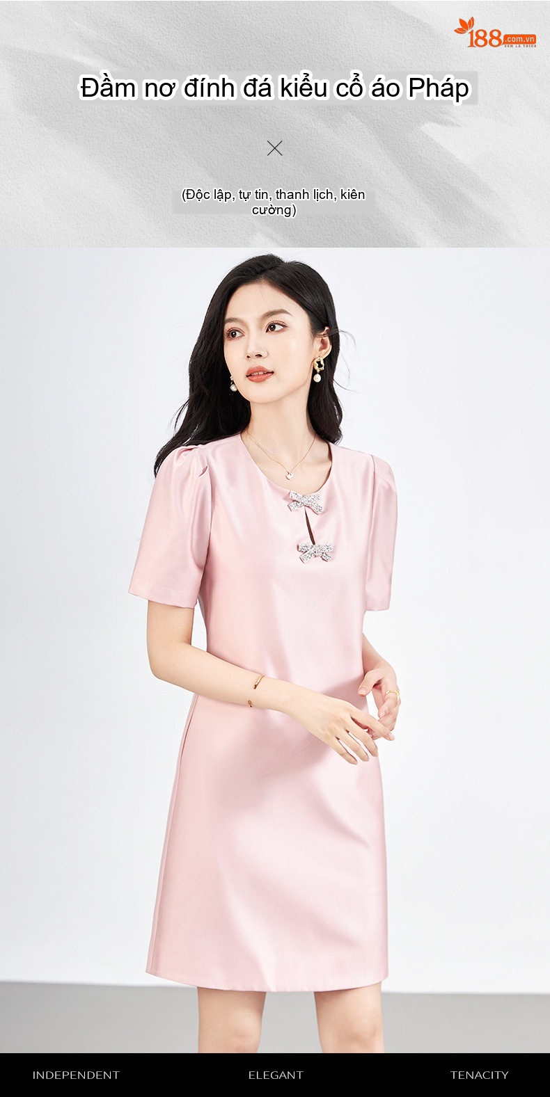 Váy liền thân Nữ Đính Nơ Họa Tiết Kim Cương Tay Bồng Che Khuyết Điểm Phong Cách Pháp Màu Đen, Hồng chi tiết 1