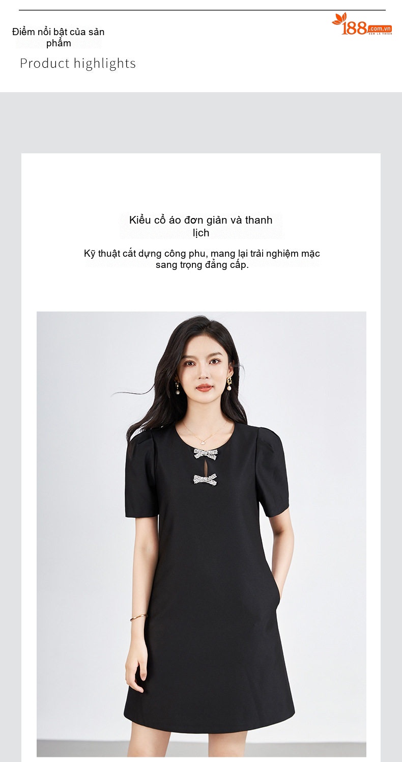 Váy liền thân Nữ Đính Nơ Họa Tiết Kim Cương Tay Bồng Che Khuyết Điểm Phong Cách Pháp Màu Đen, Hồng chi tiết 5