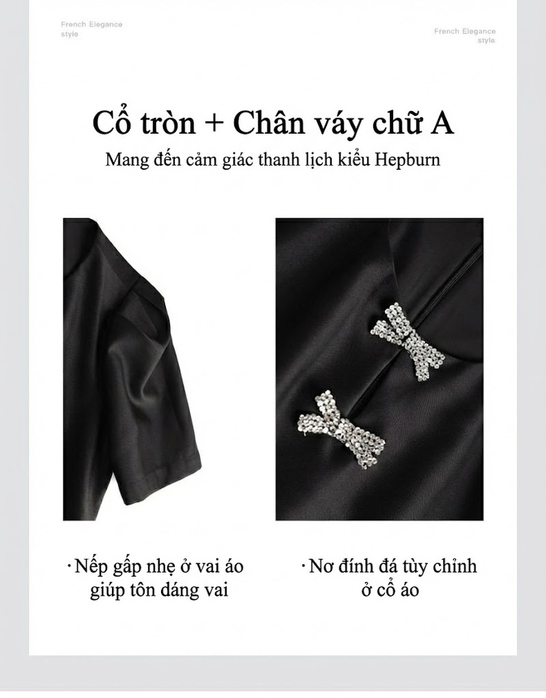 Váy liền thân Nữ Đính Nơ Họa Tiết Kim Cương Tay Bồng Che Khuyết Điểm Phong Cách Pháp Màu Đen, Hồng chi tiết 6