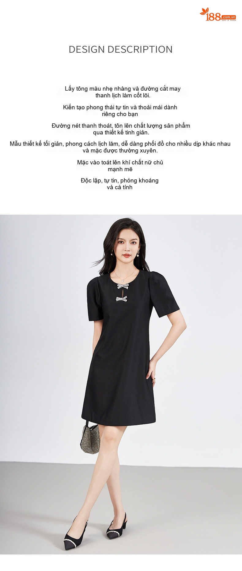 Váy liền thân Nữ Đính Nơ Họa Tiết Kim Cương Tay Bồng Che Khuyết Điểm Phong Cách Pháp Màu Đen, Hồng chi tiết 2