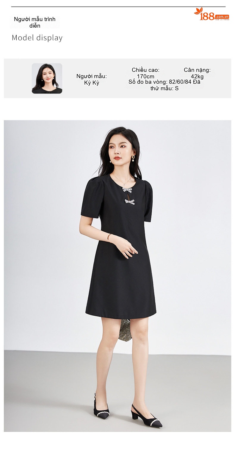 Váy liền thân Nữ Đính Nơ Họa Tiết Kim Cương Tay Bồng Che Khuyết Điểm Phong Cách Pháp Màu Đen, Hồng chi tiết 7