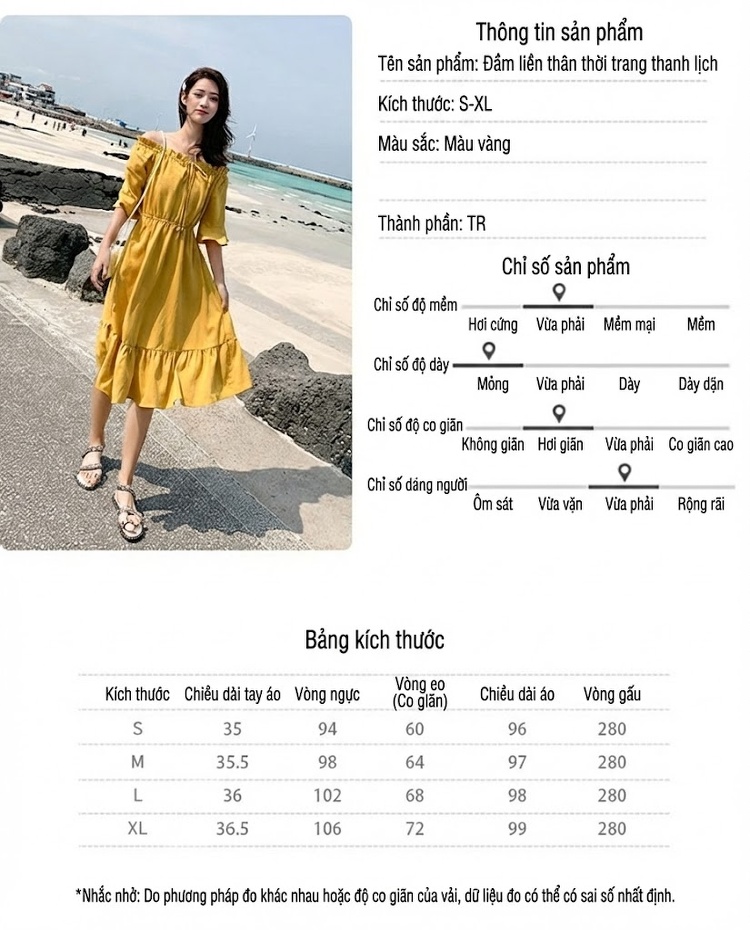Váy liền thân Nữ Hở Vai Cổ Chun Eo Thun Bèo Nhún Phong Cách Hàn Quốc Màu Vàng chi tiết 7