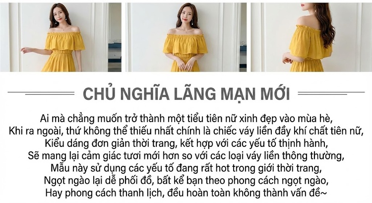 Váy liền thân Nữ Hở Vai Cổ Chun Eo Thun Bèo Nhún Phong Cách Hàn Quốc Màu Vàng chi tiết 2