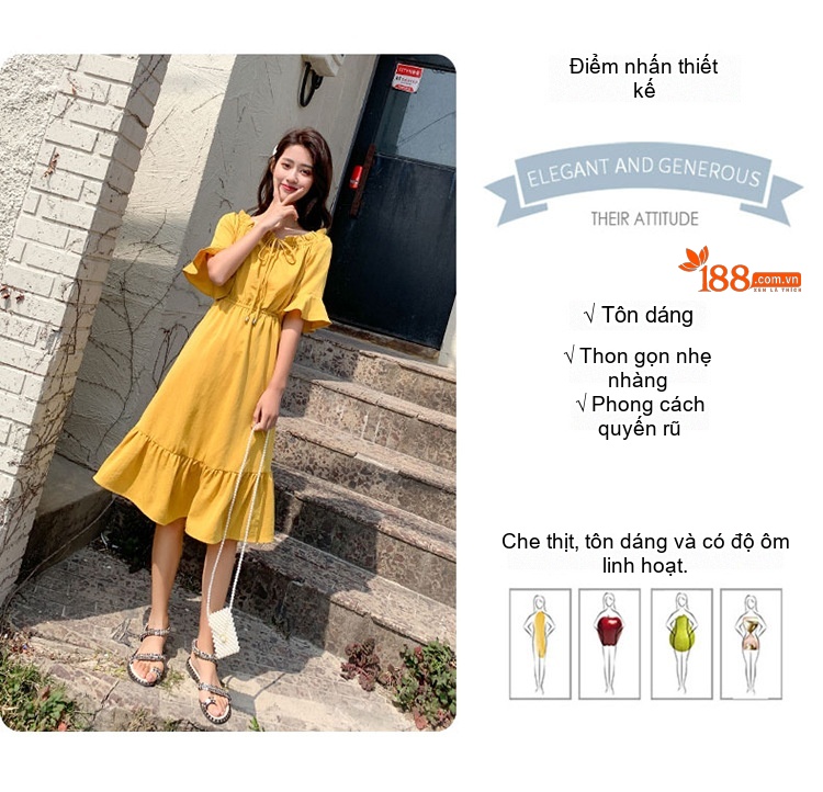 Váy liền thân Nữ Hở Vai Cổ Chun Eo Thun Bèo Nhún Phong Cách Hàn Quốc Màu Vàng chi tiết 3