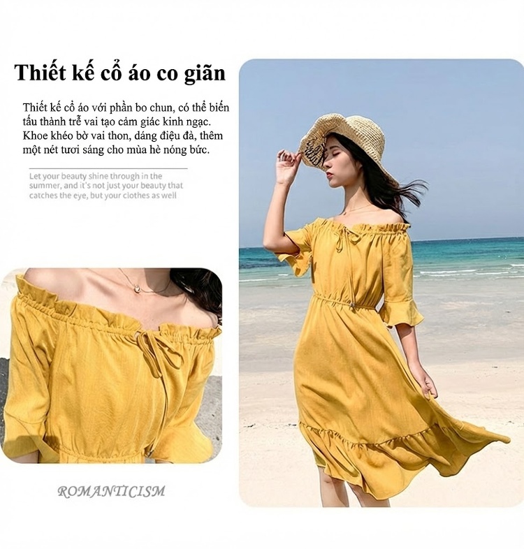 Váy liền thân Nữ Hở Vai Cổ Chun Eo Thun Bèo Nhún Phong Cách Hàn Quốc Màu Vàng chi tiết 4