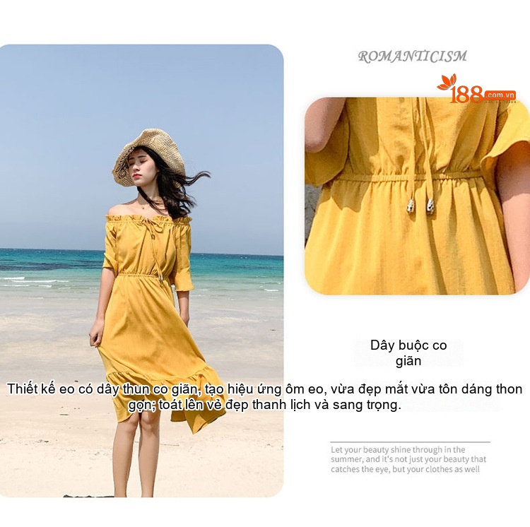 Váy liền thân Nữ Hở Vai Cổ Chun Eo Thun Bèo Nhún Phong Cách Hàn Quốc Màu Vàng chi tiết 5