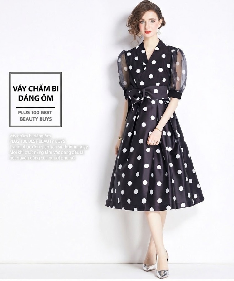 Váy liền thân Nữ Họa Tiết Chấm Bi Cổ chữ V A Dáng Xòe Thắt Eo Phong Cách Pháp Màu Đen chi tiết 1