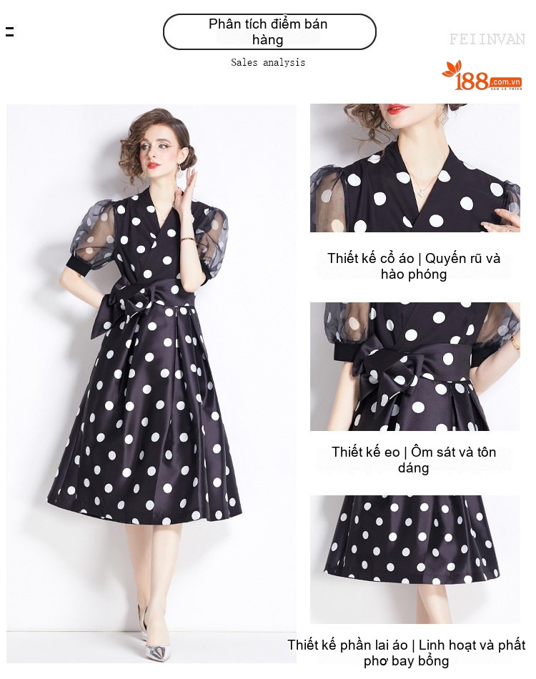 Váy liền thân Nữ Họa Tiết Chấm Bi Cổ chữ V A Dáng Xòe Thắt Eo Phong Cách Pháp Màu Đen chi tiết 2