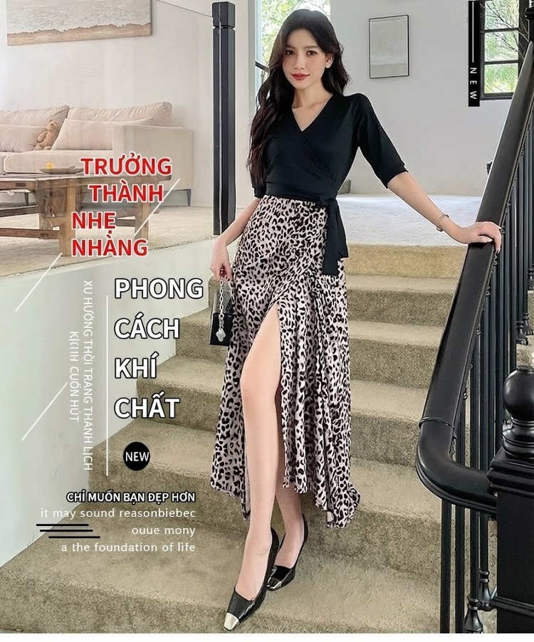 Váy Liền Thân Nữ Họa Tiết Da Báo Xẻ Tà Phong Cách Vintage chi tiết 3