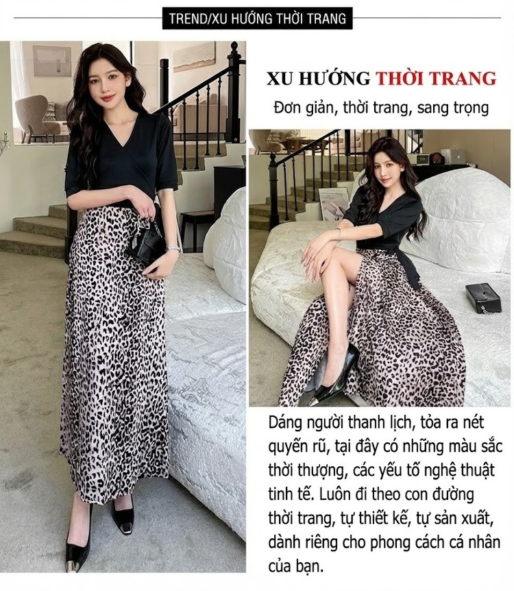 Váy Liền Thân Nữ Họa Tiết Da Báo Xẻ Tà Phong Cách Vintage chi tiết 4
