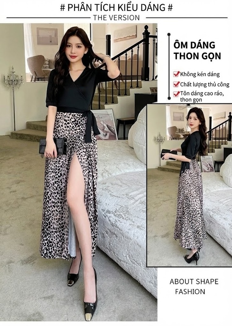 Váy Liền Thân Nữ Họa Tiết Da Báo Xẻ Tà Phong Cách Vintage chi tiết 5