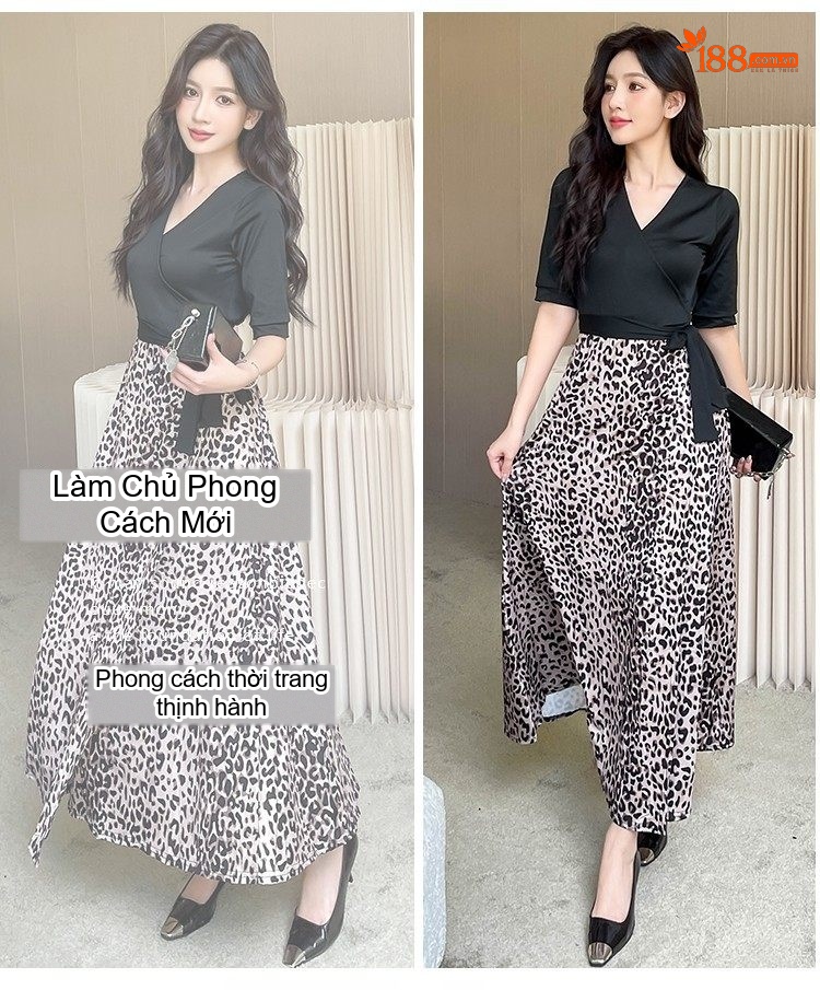 Váy Liền Thân Nữ Họa Tiết Da Báo Xẻ Tà Phong Cách Vintage chi tiết 6