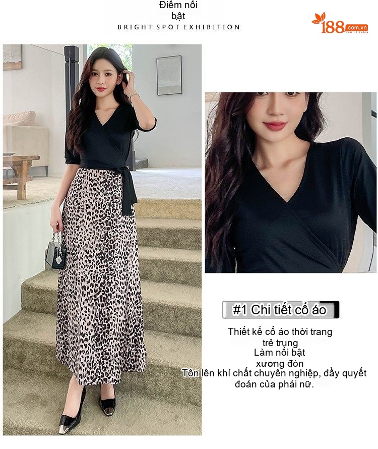 Váy Liền Thân Nữ Họa Tiết Da Báo Xẻ Tà Phong Cách Vintage chi tiết 7
