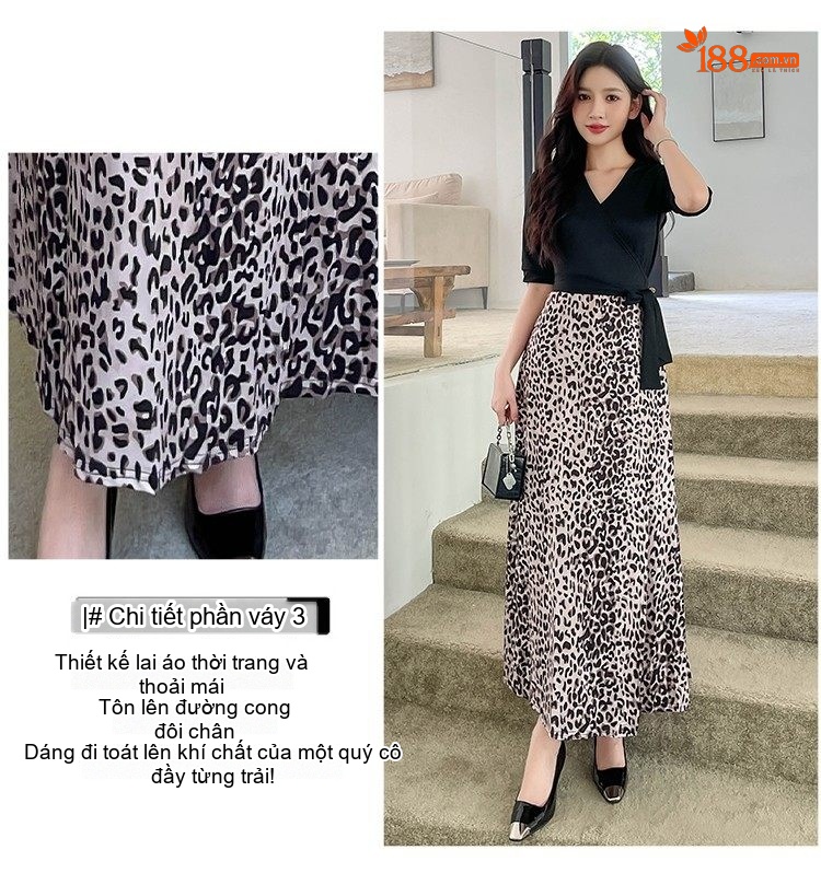Váy Liền Thân Nữ Họa Tiết Da Báo Xẻ Tà Phong Cách Vintage chi tiết 8