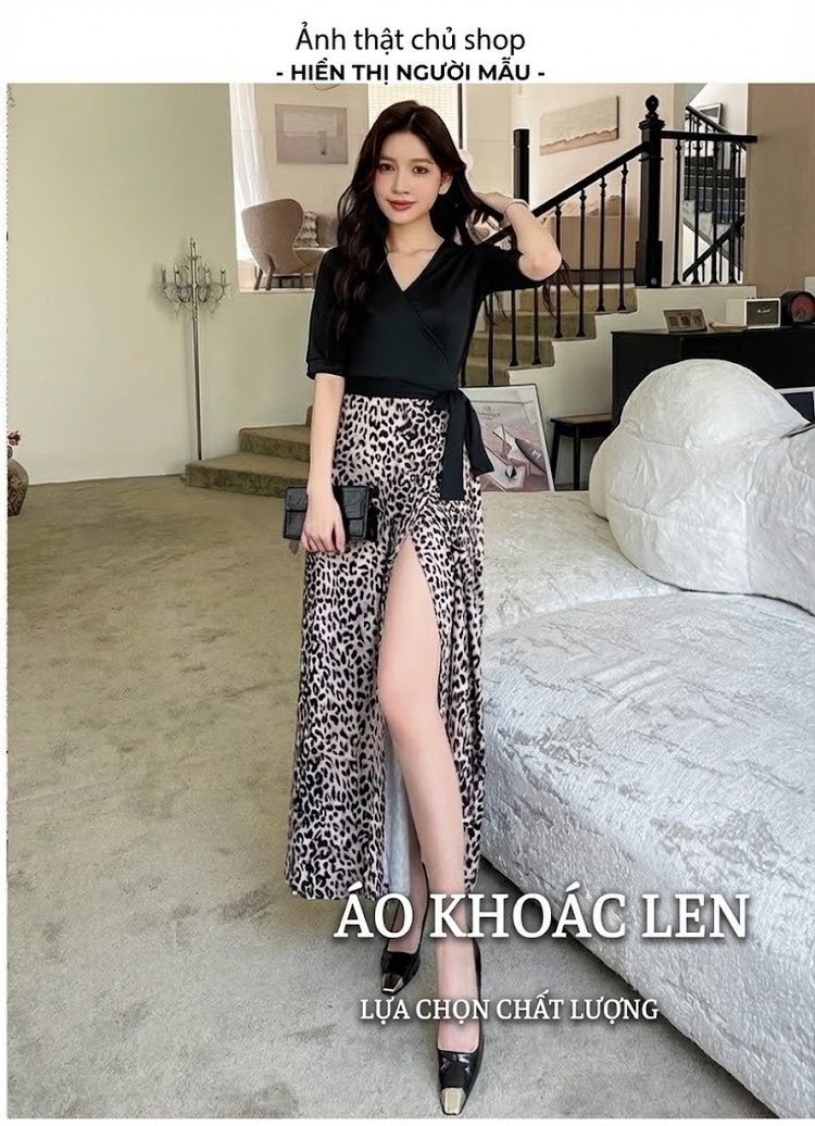 Váy Liền Thân Nữ Họa Tiết Da Báo Xẻ Tà Phong Cách Vintage chi tiết 10