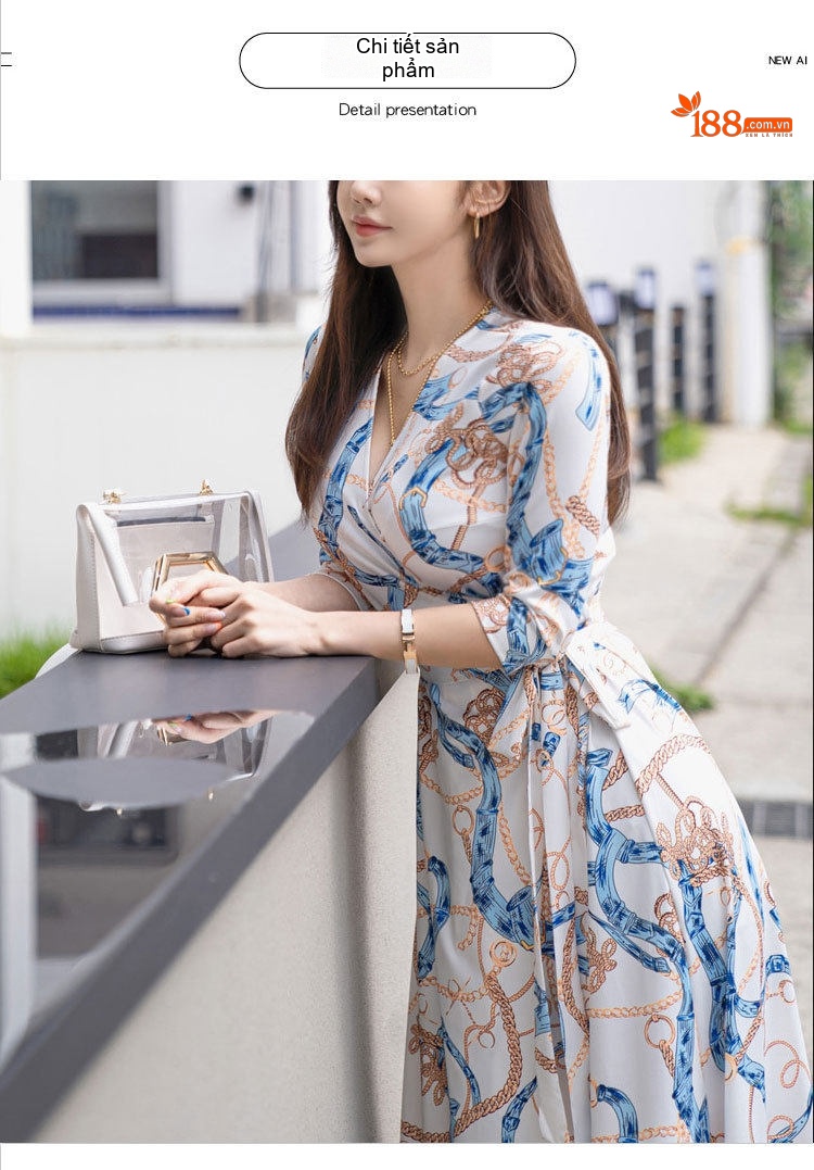 Váy liền thân Nữ In Họa Tiết Cổ chữ V Vạt Lệch Thắt Dây Eo Màu Trắng, Xanh, Nâu chi tiết 8