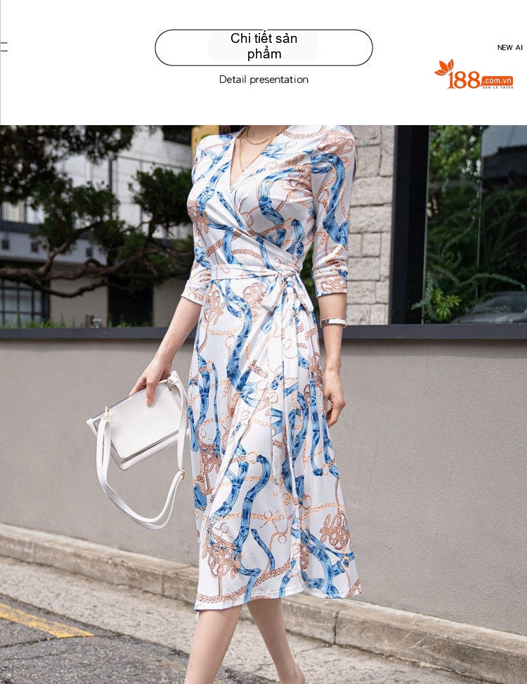 Váy liền thân Nữ In Họa Tiết Cổ chữ V Vạt Lệch Thắt Dây Eo Màu Trắng, Xanh, Nâu chi tiết 9