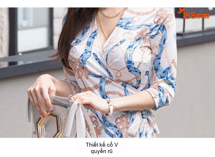 Váy liền thân Nữ In Họa Tiết Cổ chữ V Vạt Lệch Thắt Dây Eo Màu Trắng, Xanh, Nâu chi tiết 15