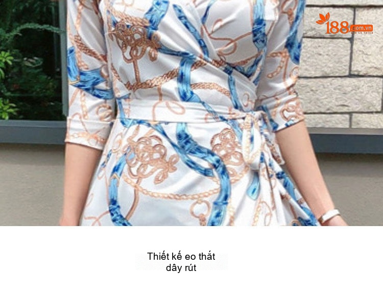 Váy liền thân Nữ In Họa Tiết Cổ chữ V Vạt Lệch Thắt Dây Eo Màu Trắng, Xanh, Nâu chi tiết 16