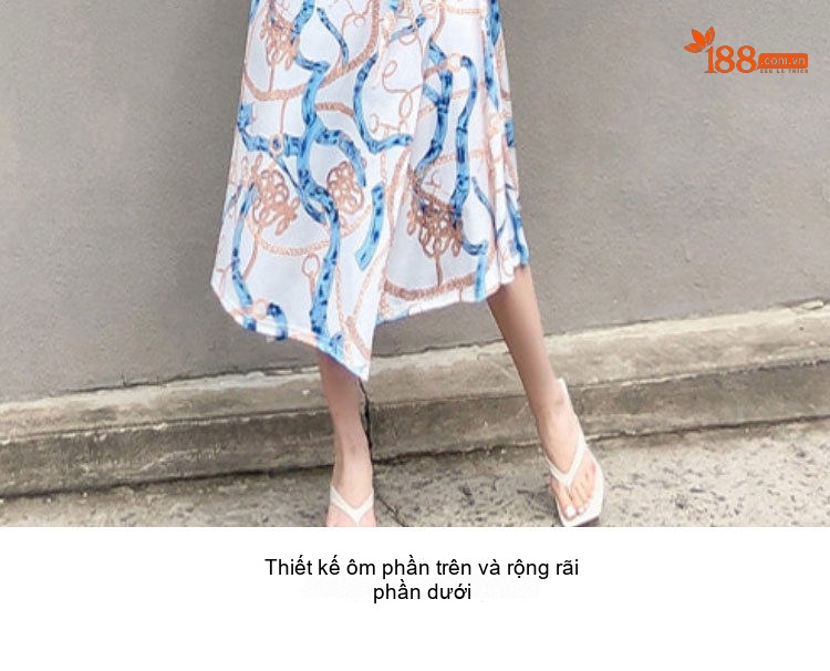 Váy liền thân Nữ In Họa Tiết Cổ chữ V Vạt Lệch Thắt Dây Eo Màu Trắng, Xanh, Nâu chi tiết 17