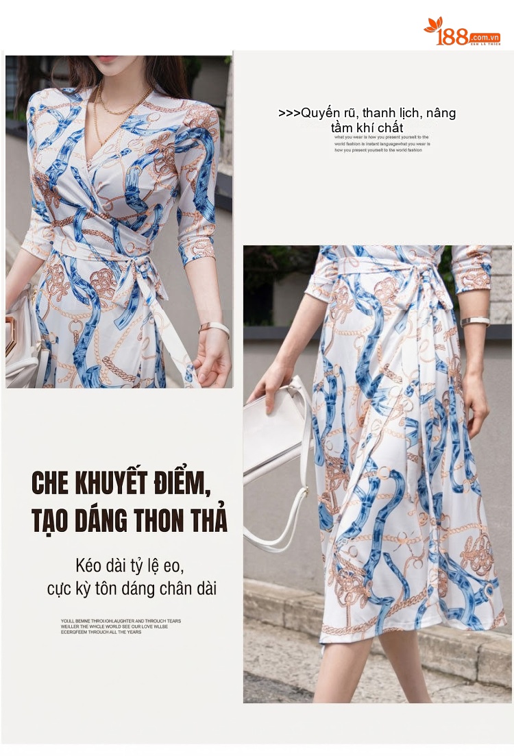 Váy liền thân Nữ In Họa Tiết Cổ chữ V Vạt Lệch Thắt Dây Eo Màu Trắng, Xanh, Nâu chi tiết 2