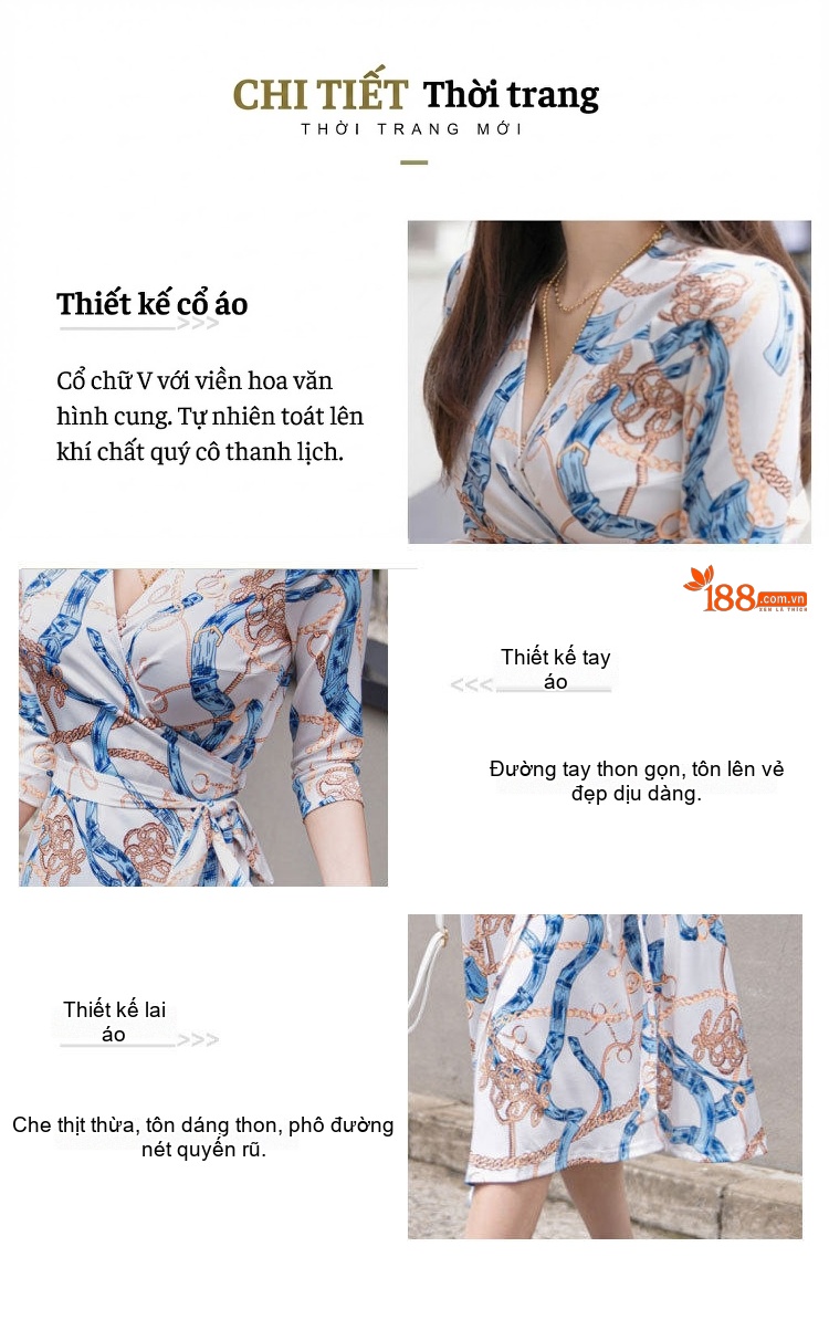 Váy liền thân Nữ In Họa Tiết Cổ chữ V Vạt Lệch Thắt Dây Eo Màu Trắng, Xanh, Nâu chi tiết 3