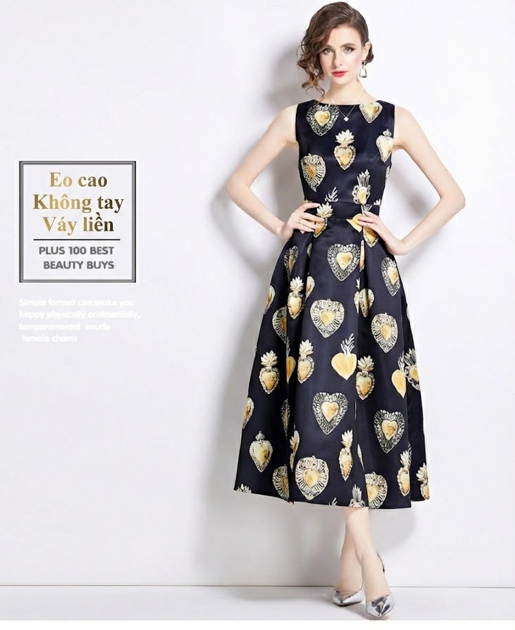 Váy liền thân Nữ In Họa Tiết Cổ Tròn dáng chữ A Thắt Eo Phong Cách Quý Cô Màu Đen, Vàng chi tiết 1