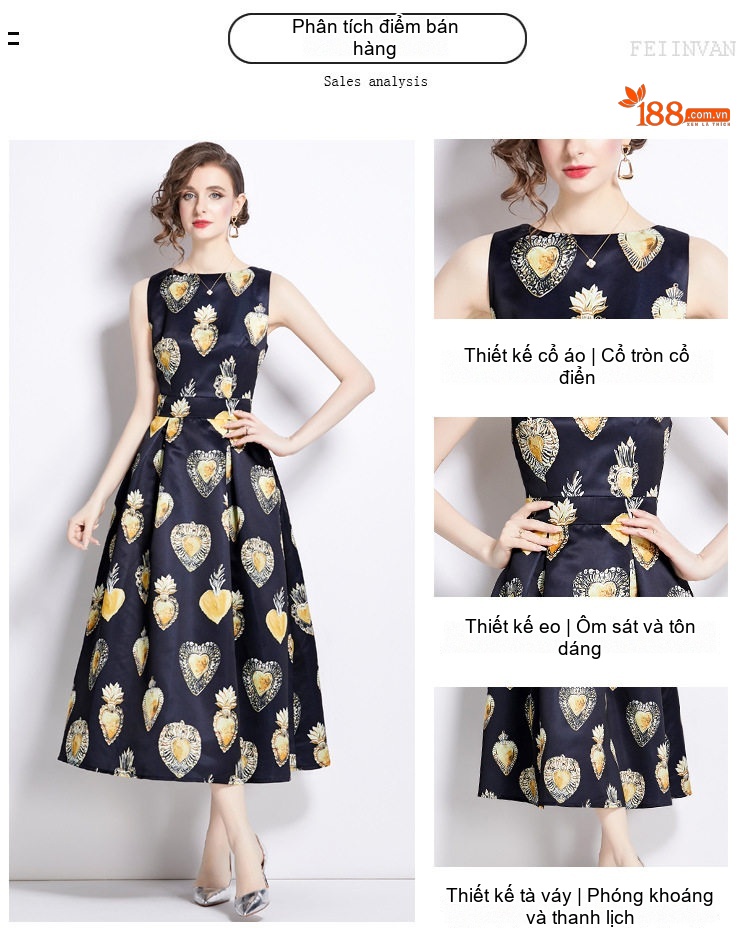 Váy liền thân Nữ In Họa Tiết Cổ Tròn dáng chữ A Thắt Eo Phong Cách Quý Cô Màu Đen, Vàng chi tiết 2