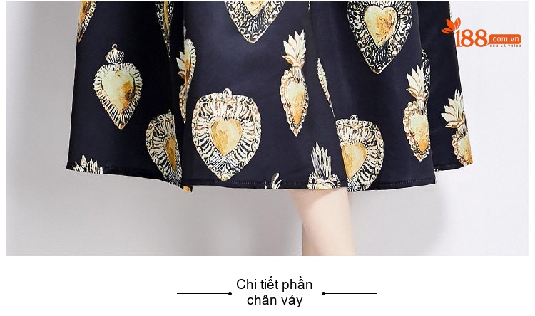 Váy liền thân Nữ In Họa Tiết Cổ Tròn dáng chữ A Thắt Eo Phong Cách Quý Cô Màu Đen, Vàng chi tiết 12