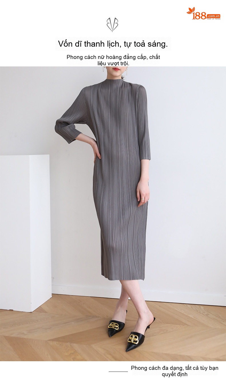 Váy liền thân Nữ Issey Miyake Thiết Kế Nhún Bèo Cổ Cao Tay Lỡ Ôm Dáng Màu Xanh Dương, Xám, Hồng, Đen chi tiết 3